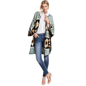 EUC H&M Open Front Aztec Print Cardigan Duster Faux Leather Trim (K-1)
